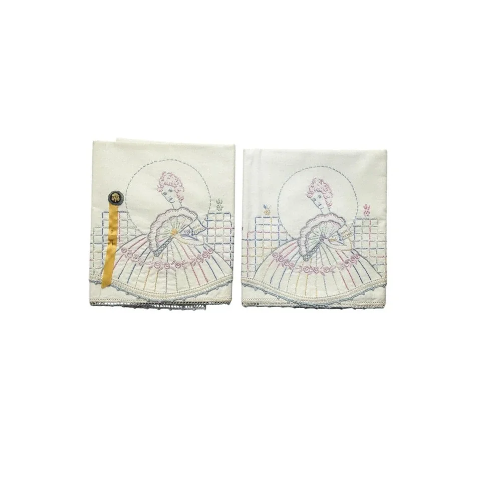 Vintage Hand Embroidered Pillowcases Set 2 Lady Fan White Standard PTA Pin